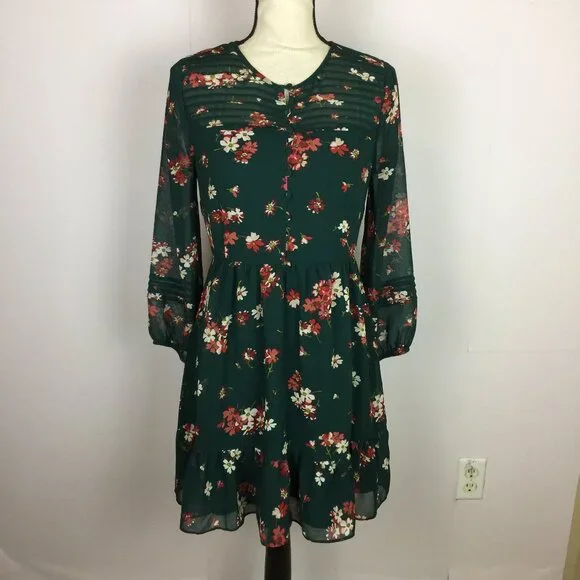 Madewell | Dresses | Madewell Mini Aline Dress Size 2 Womans Green Floral  Sheer Long Sleeve Picktuck | Poshmark